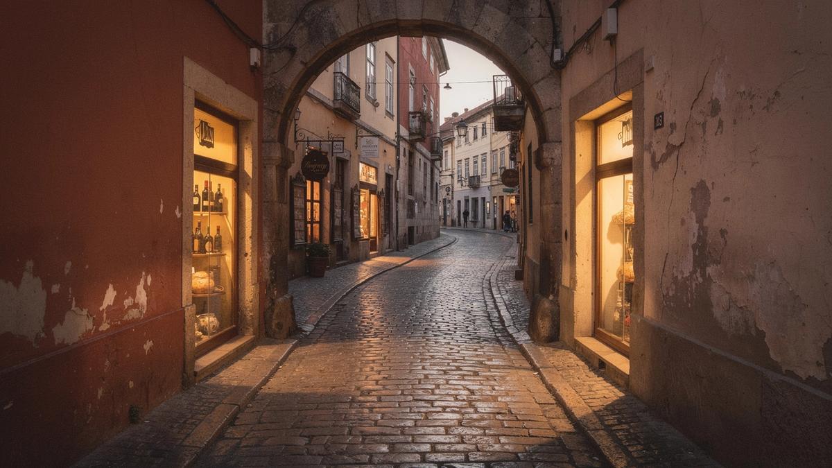 Arched stone passage in a historic European quarter at dusk